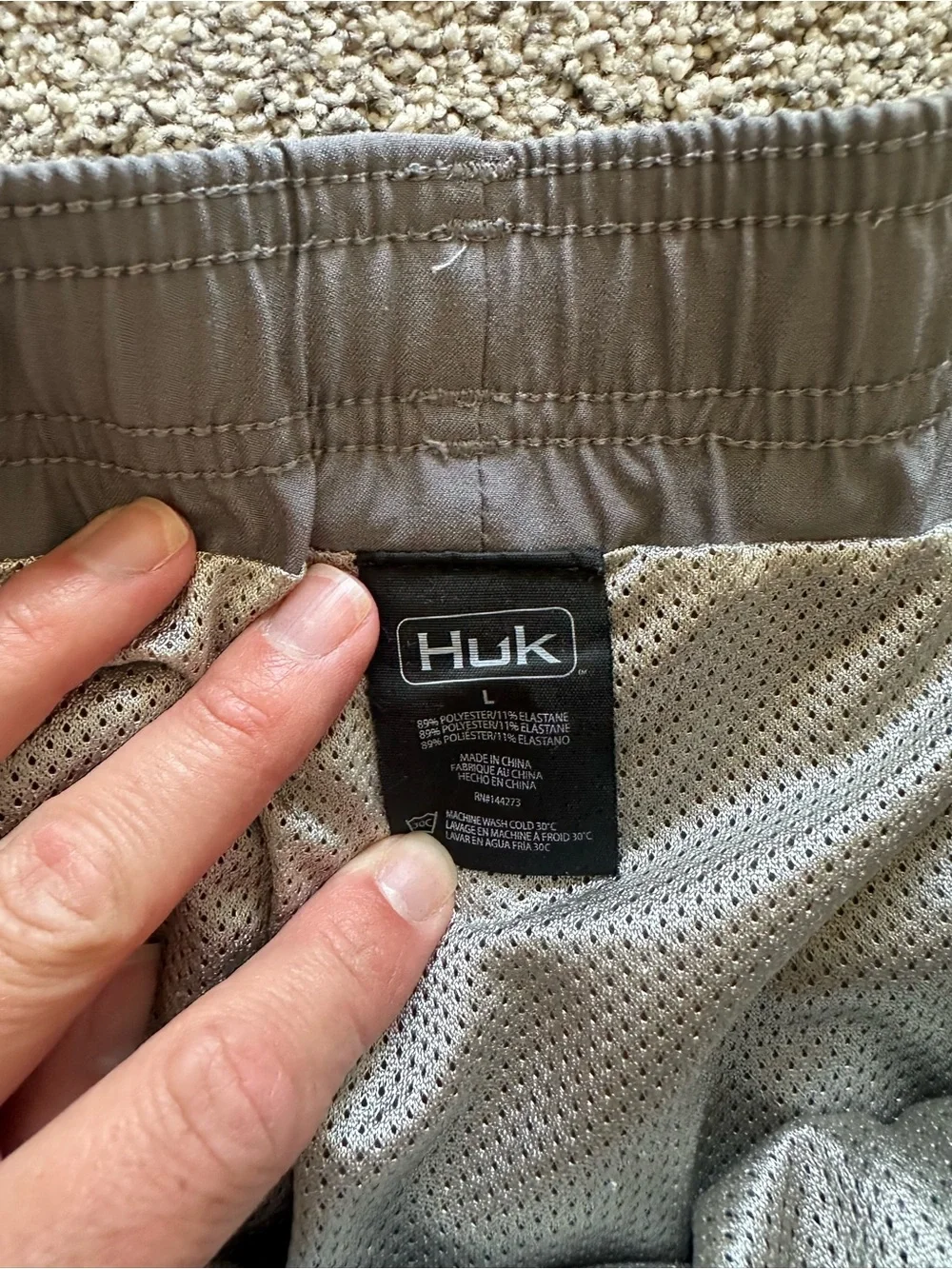 Huk Light Gray Swim Shorts with Black Logo Tag